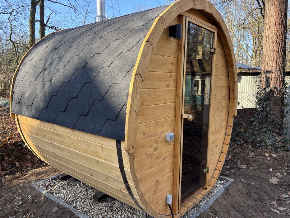 Sauna ogrodowa ~2 m + piec zewnętrzny na drewno – dostępna od ręki