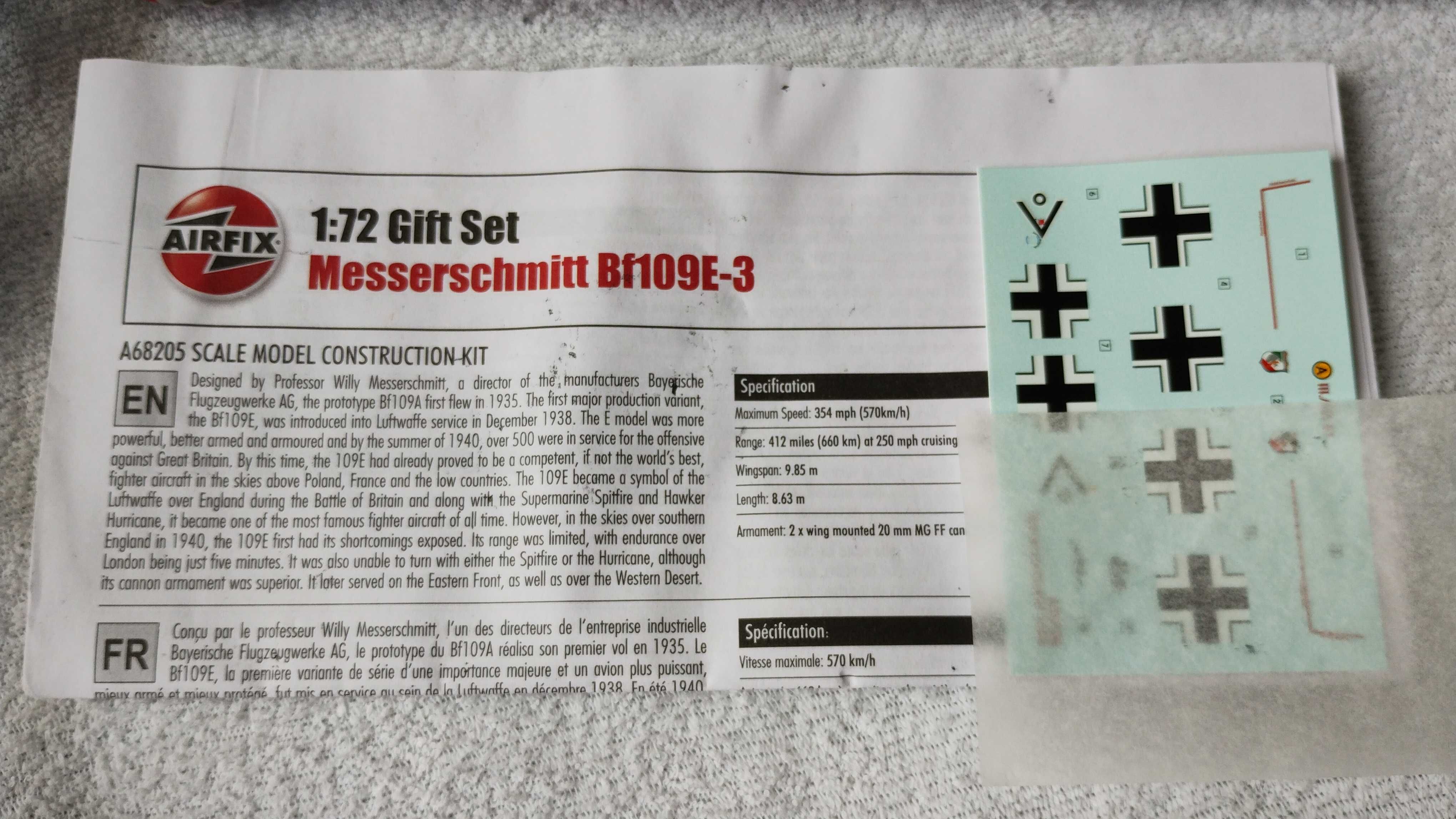 Messerschmitt Bf109E-3 - Model Airfix samolot do sklejania - 1:72