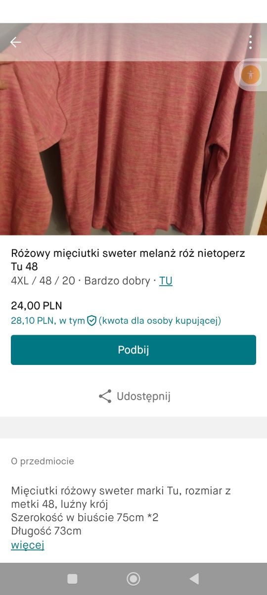 Różowy mięciutki sweter melanż róż nietoperz Tu 48