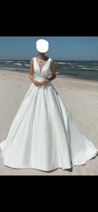 Klasyczna suknia ślubna z tkaniny mikado, literka A, Ivory
