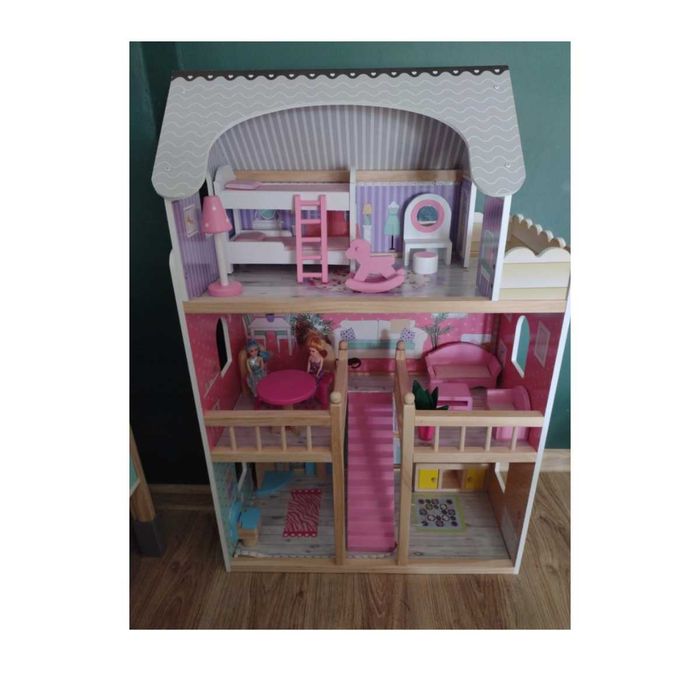 Drewniany domek dla lalek z LED Z mebelkami + oświetlenie LED