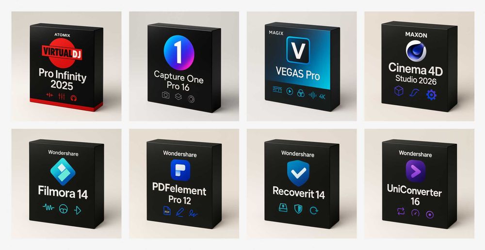 Fornecedor de software: Adobe, Autodesk, Corel, DaVinci, Ableton...
