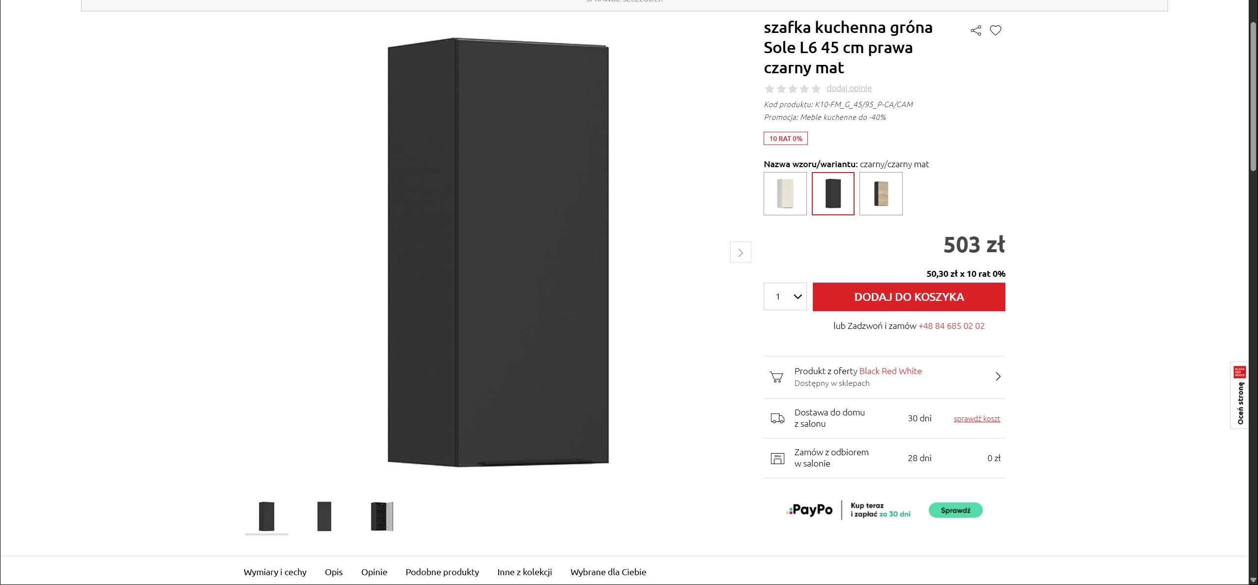 BRW szafka kuchenna wisząca Sole L6 45 cm prawa czarny mat NOWA