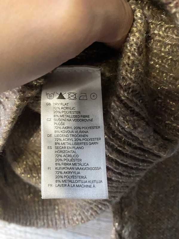 Brązowy sweter warkocz ze złotą nitką H&m S/M 36/38
