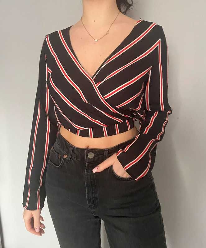 Bluzka dekolt w serek V koszula crop top z długim rękawem