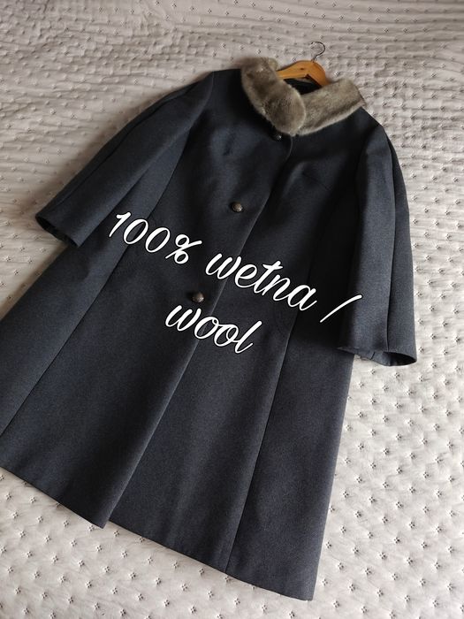 Płaszcz wełniany wełna szary real vintage 46 3XL z naturalnym futrem