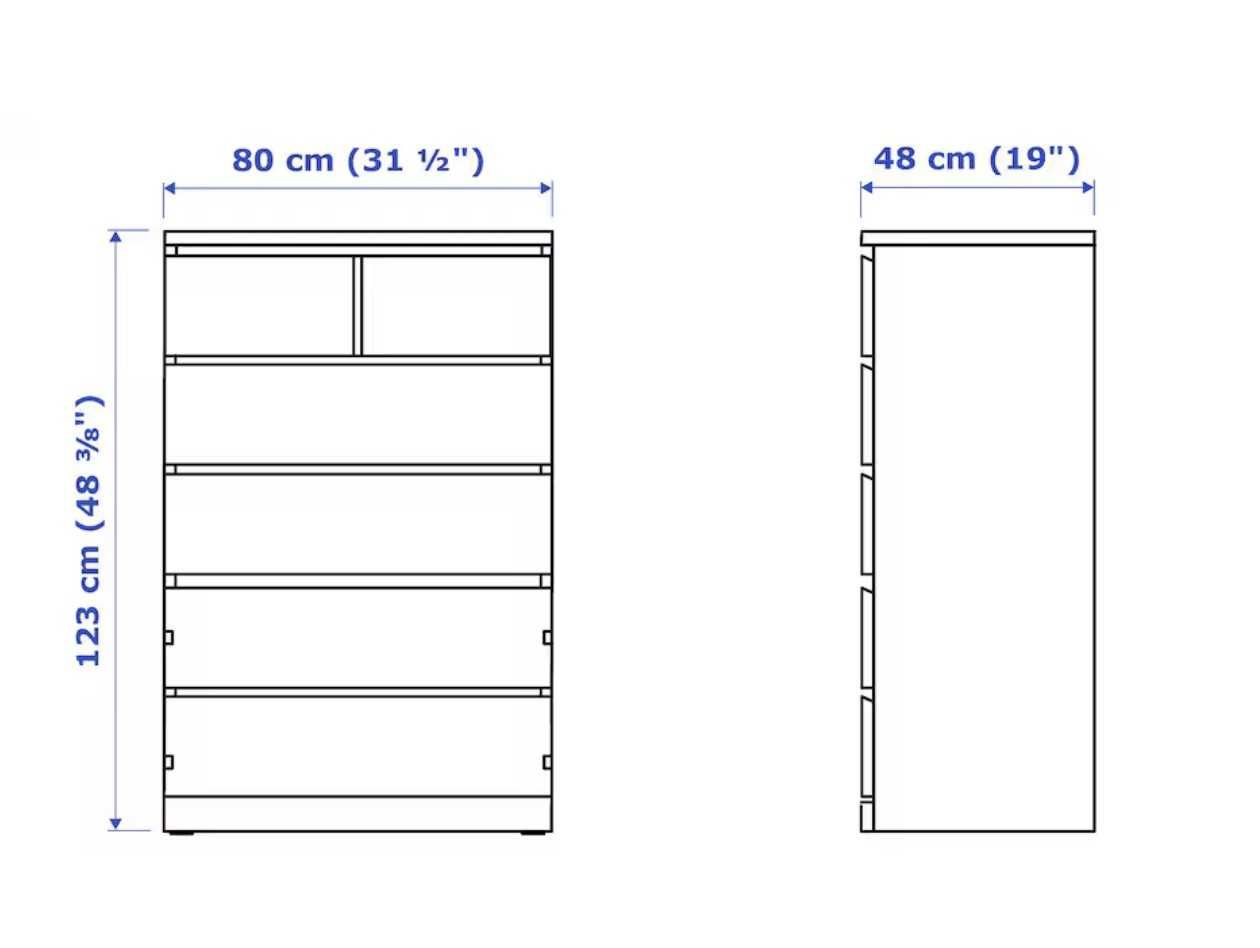 MALM Cómoda c/6 gavetas, pret-cast + tampo de vidro