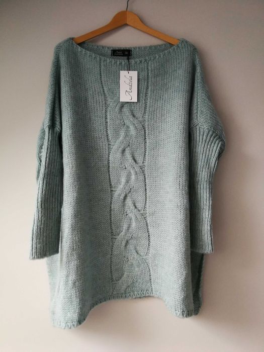Sweter, ozdobny warkocz, kolor mineral/turkus, oversize, Andżela, nowy