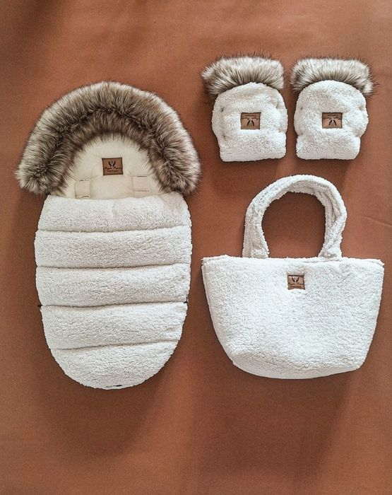 Teddy Śpiworek do wózka I torba i mufki zimowe barankowy bukla b