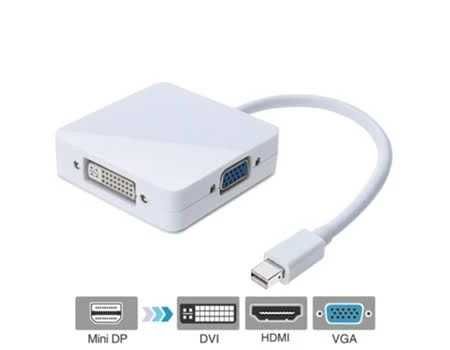 Cabos adaptadores: mini DVI Port -> VGA + mini DP -> hdmi, VGA e DVI