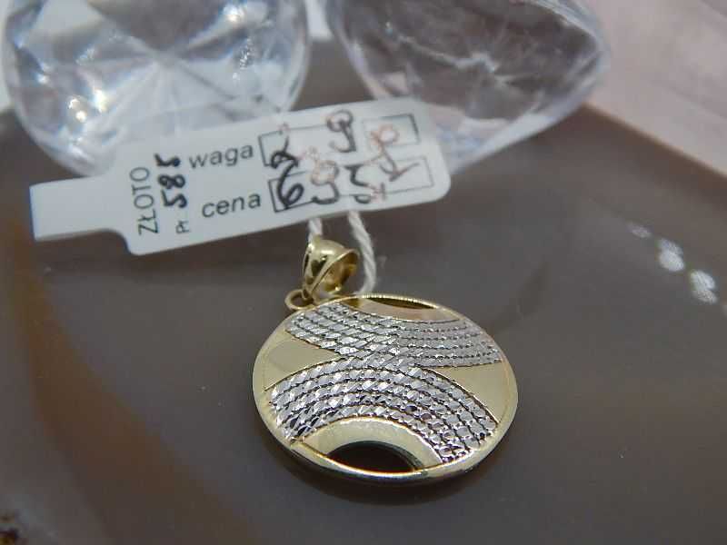 złota zawieszka wisiorek  ryflowany z białym złotem pr 585 waga 2,9 g