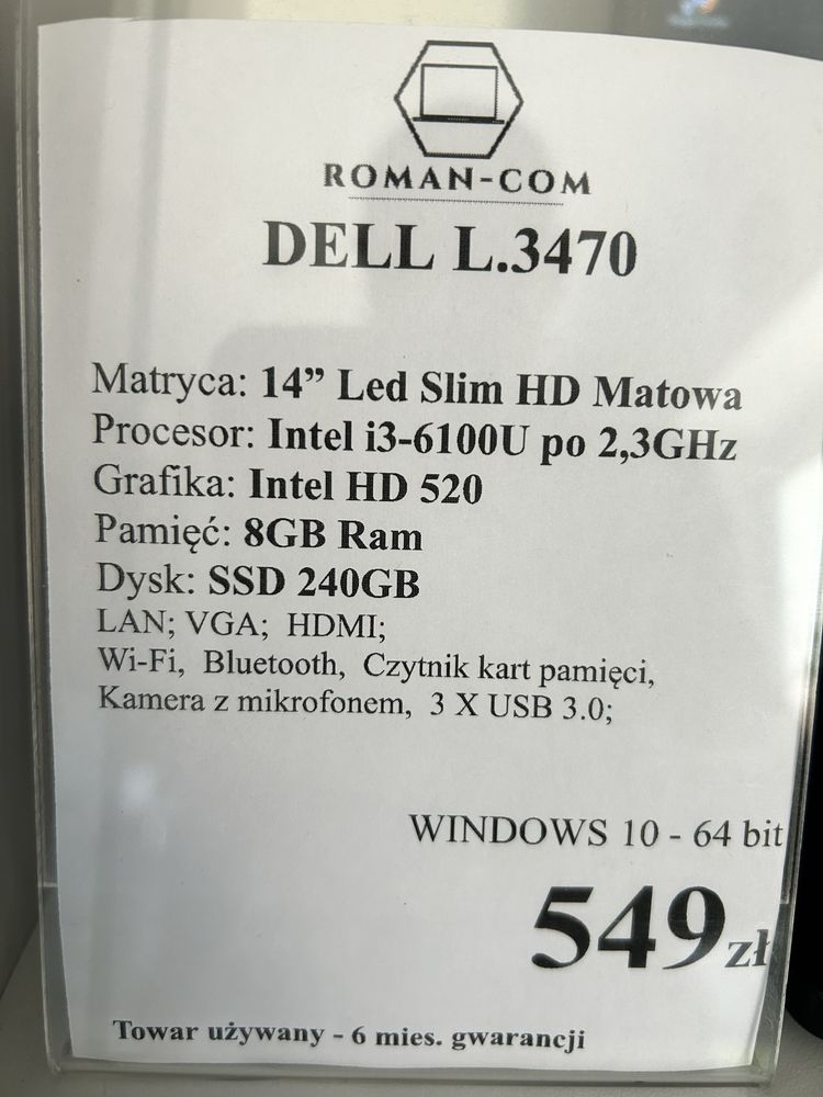 Laptop Poleasingowy Dell L.3470 z i3-6100/2,3GHz/Ram 8GB/SSD 240GB/14"