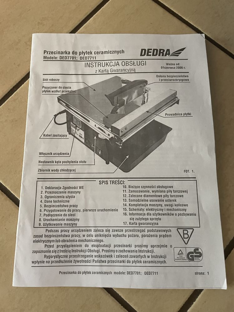Przecinarka do plytek ceramicznych DEDRA
