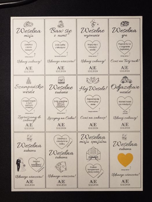 Zdrapki weselne gry/zadania weselne dla gości. Możliwa personalizacja