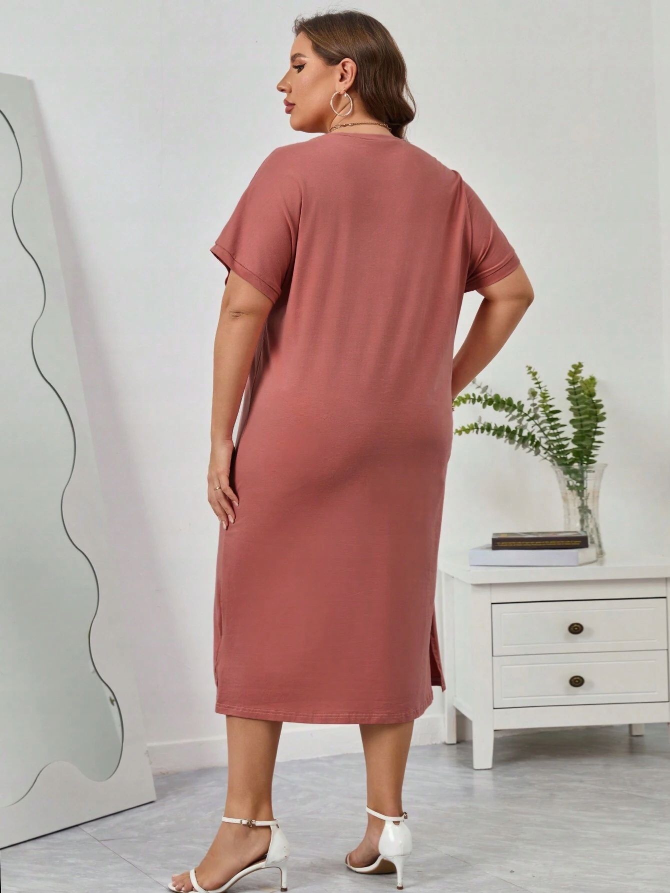 Sukienka Dusty Pink Bawełniana Midi Z Rocięciem Prosta Shein 4Xl