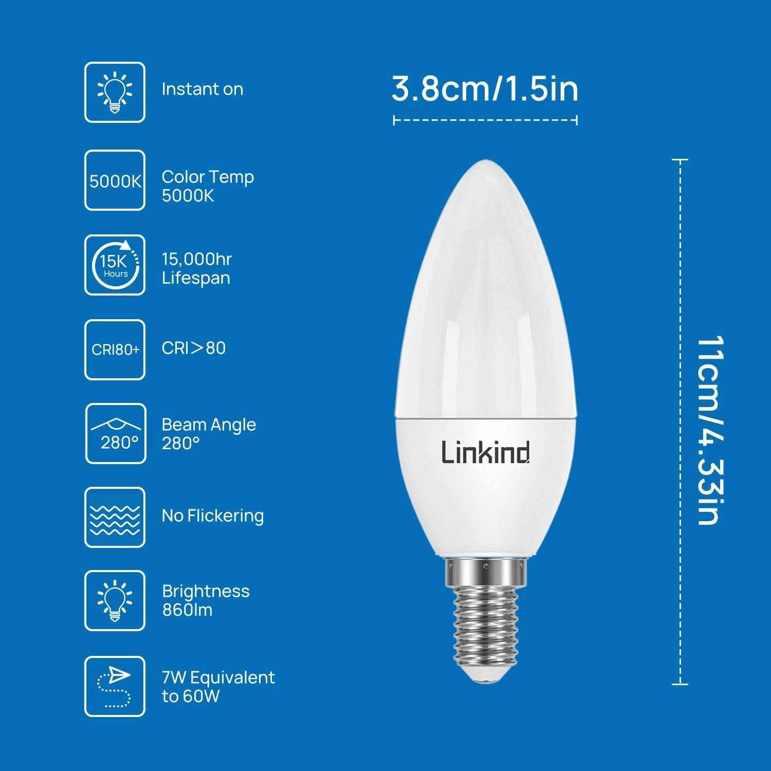 Żarówka E14 LED, 7W 860lm 5000K, nieściemniane B35 Linkind spm69