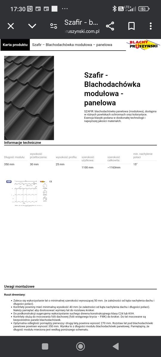 Blachodachowka panelowa 30 szt Prusiński Szafir nowa