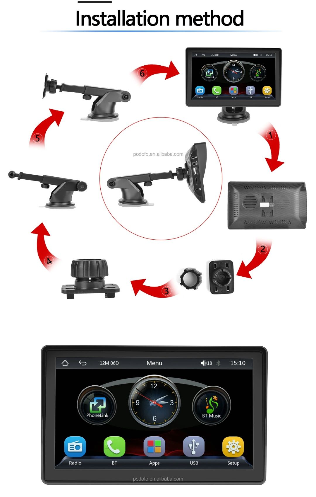 Rádio multimédia portátil Carplay Android Auto FM BT TF/USB/AUX novo