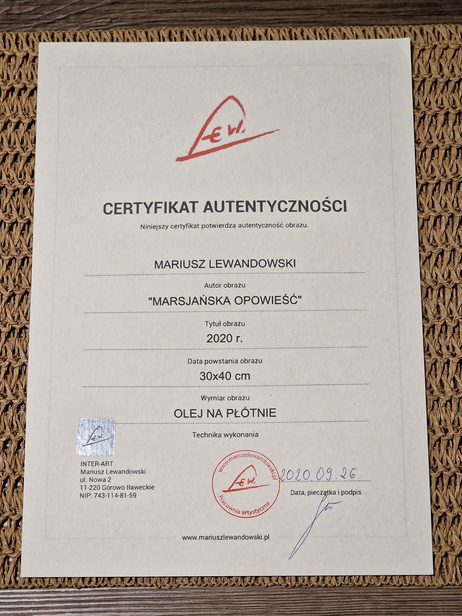 Obraz Mariusz Lewandowski Marsjańska opowieść 2020 Certyfikat