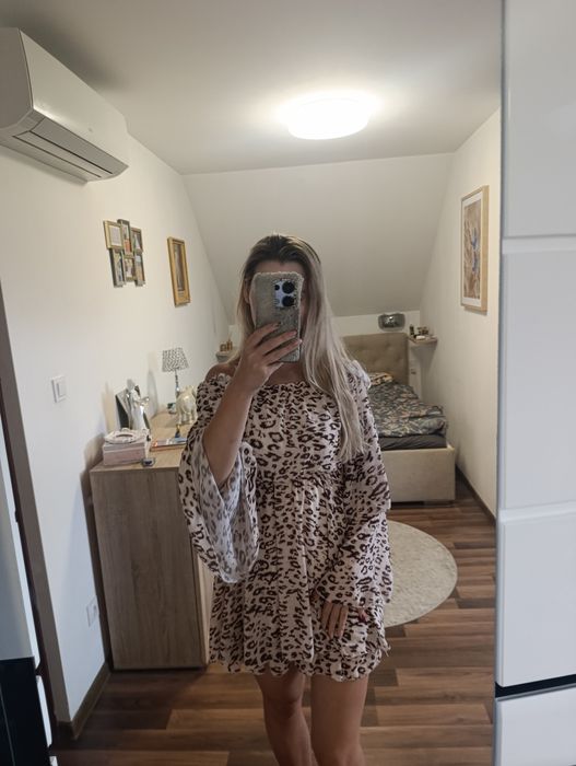 Sukienka zwiewna hiszpanka odkryte ramiona panterka xs s koktajlowa