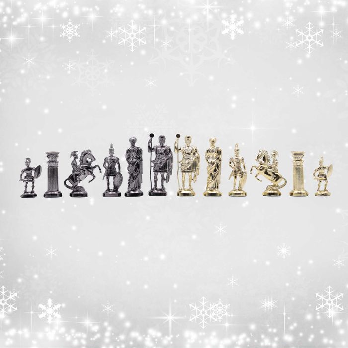 Szachy ekskluzywna gra drewniana kasetka figury rzymskie METALIZOWANE