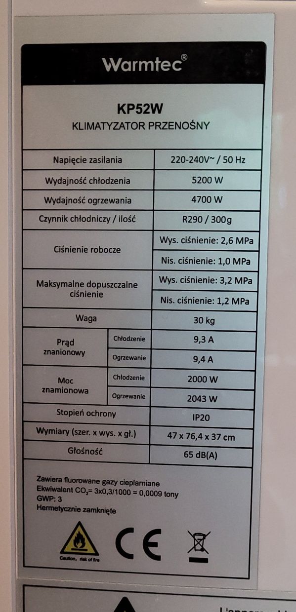 Przenośna Klimatyzacja, oczyszczacz powietrza Warmtec KP52W