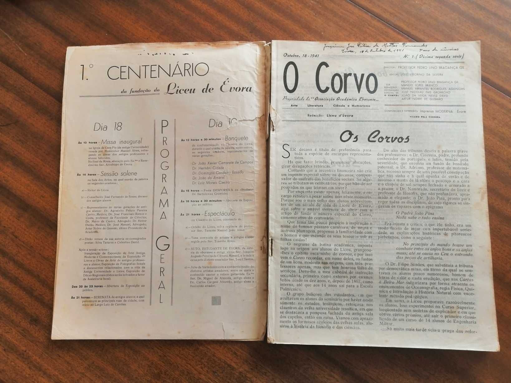 Centenário Liceu Évora 1941 O Corvo c/ Livros séc. XVI impressos Évora