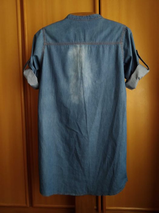 (PORTES GRÁTIS) Vestido de Ganga com Bolsos e Manga com Presilha