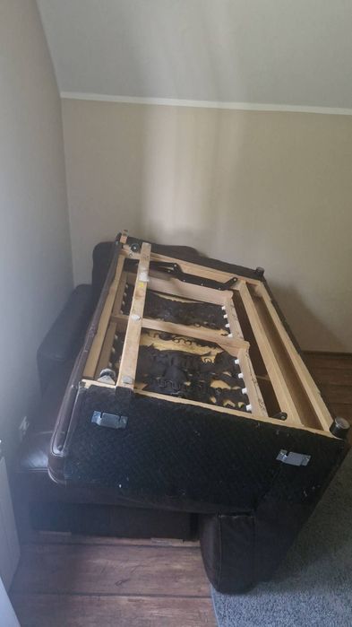 Sofa/kanapa, rozkładana, skórzana, brązowa, narożnik (pojemnik na pośc