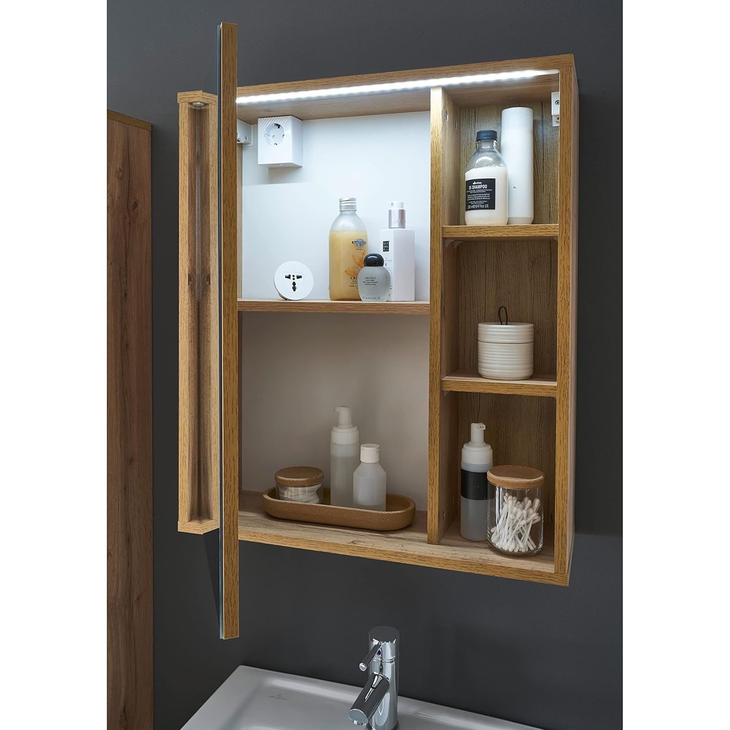 Wisząca Szafka łazienkowa  lustrem i LED  drewno 60 x 70 x 20