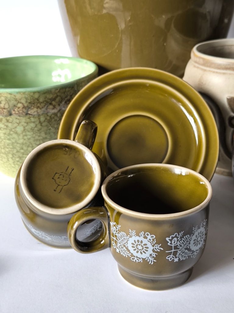 Filiżanki zielone Pruszków 6 sztuk piękny stary porcelit
