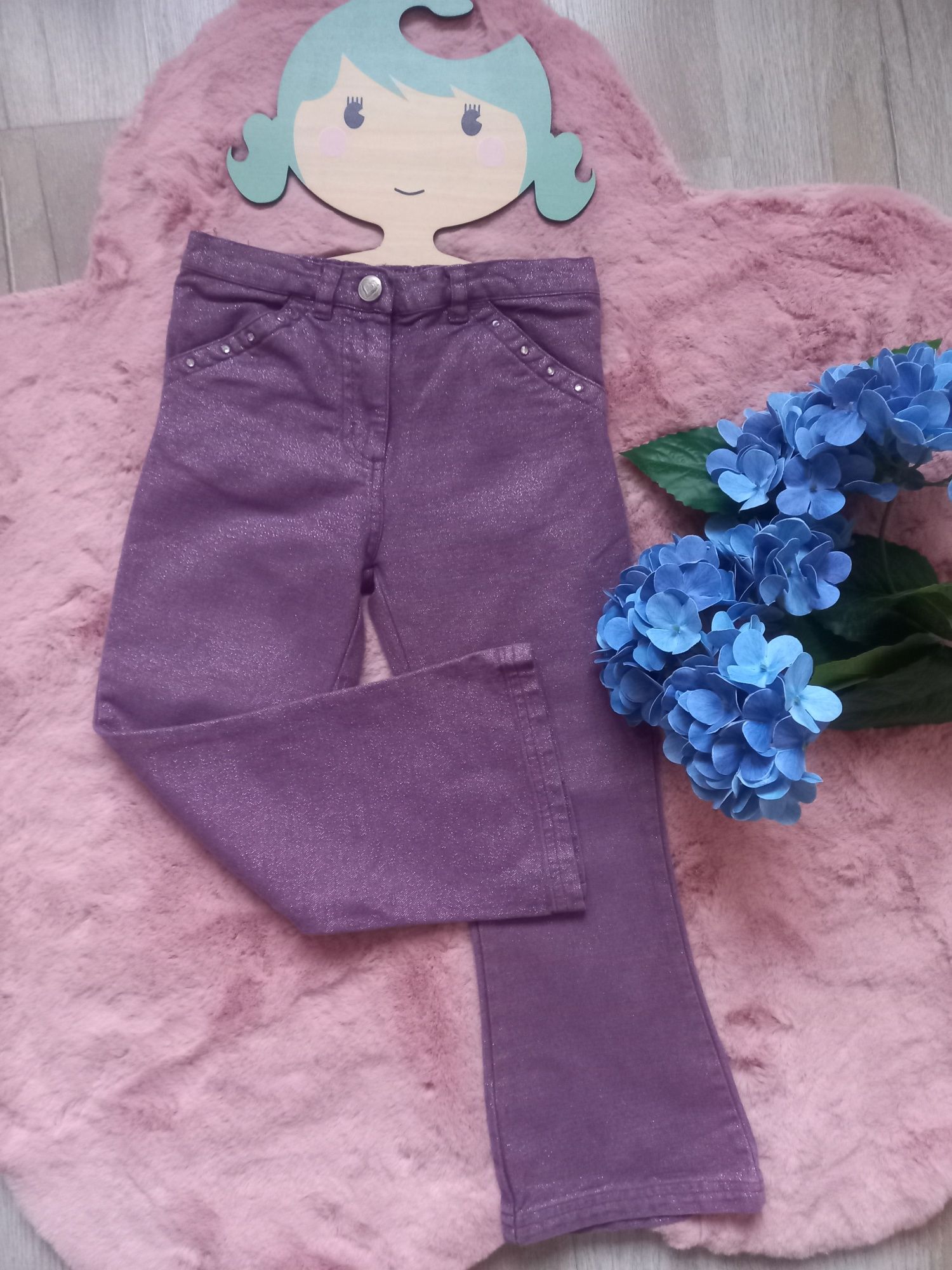 Spodnie dzwony fiolet srebrną nitką girl2girl 5-6 lat 116 cm