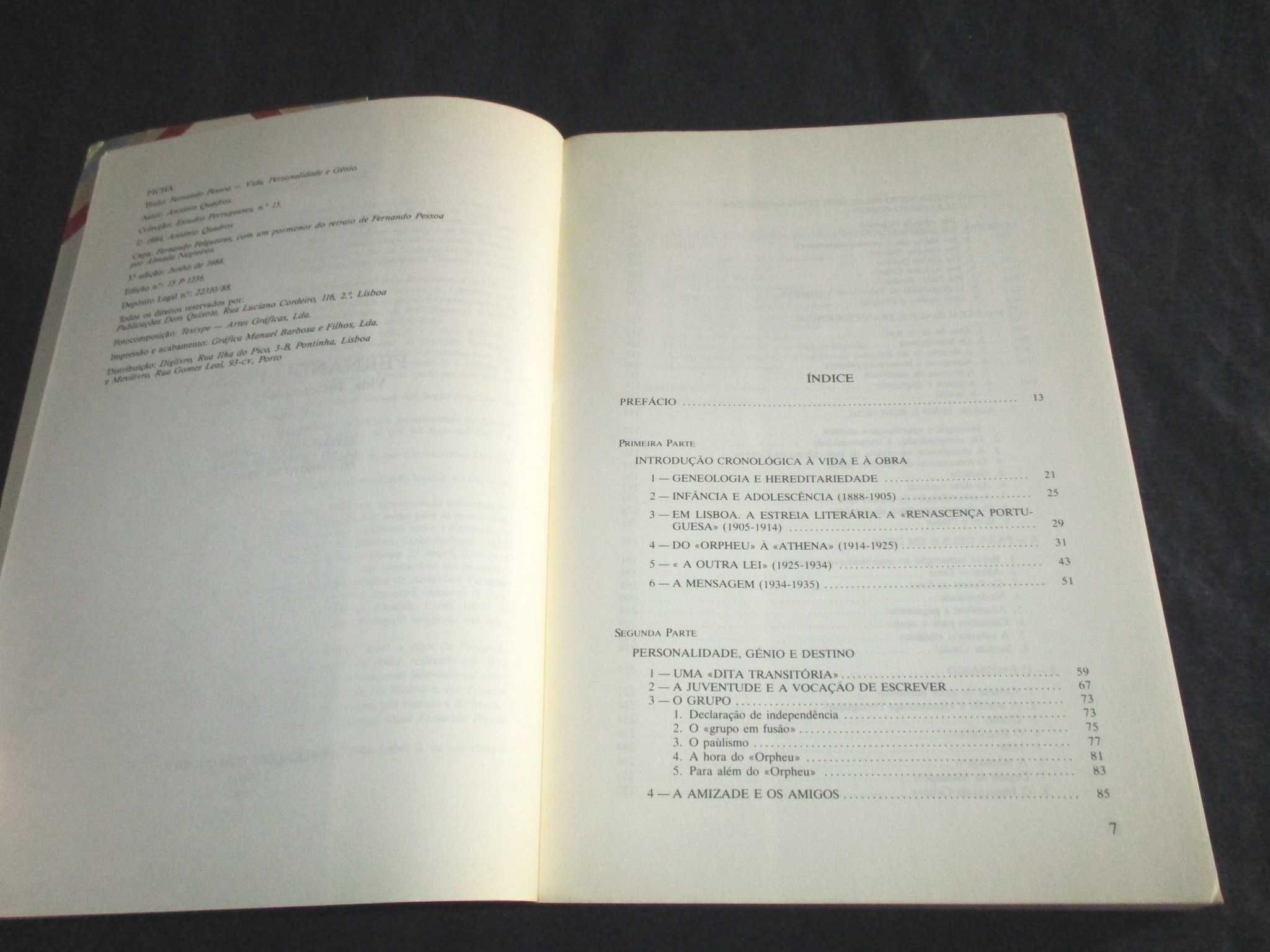 Livro Fernando Pessoa vida personalidade génio António Quadros