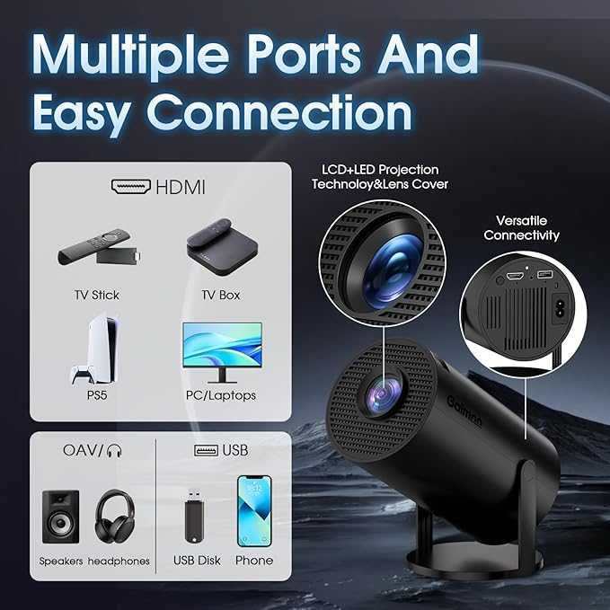 Mini projektor 1080P   Przenośny projektor z WiFi i Bluetooth