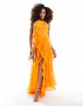Asos Design 38 M Pomarańczowa Sukienka Z Falbanami Maxi J28826