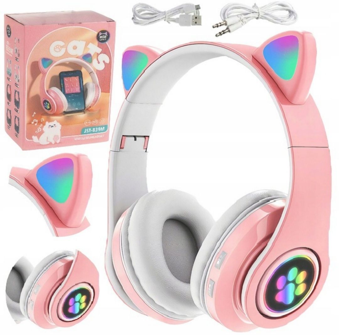 Słuchawki bezprzewodowe nauszne LED kocie uszy bluetooth 5.0 MICRO USB