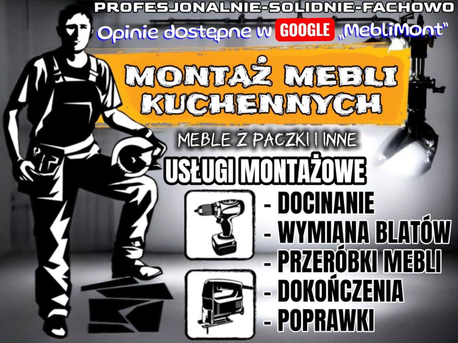 Montaż, skręcanie, składanie mebli kuchennych→wymiana/docinanie blatów