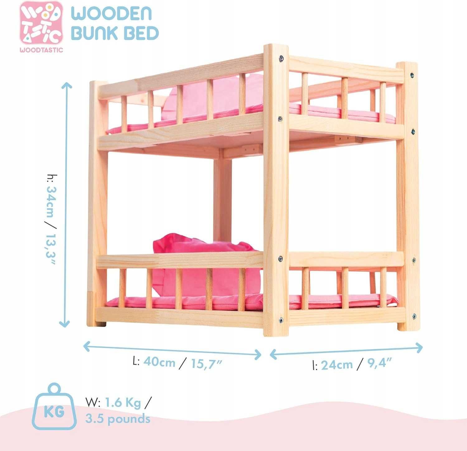 Drewniane łóżko piętrowe dla lalek do 38 cm Wooden