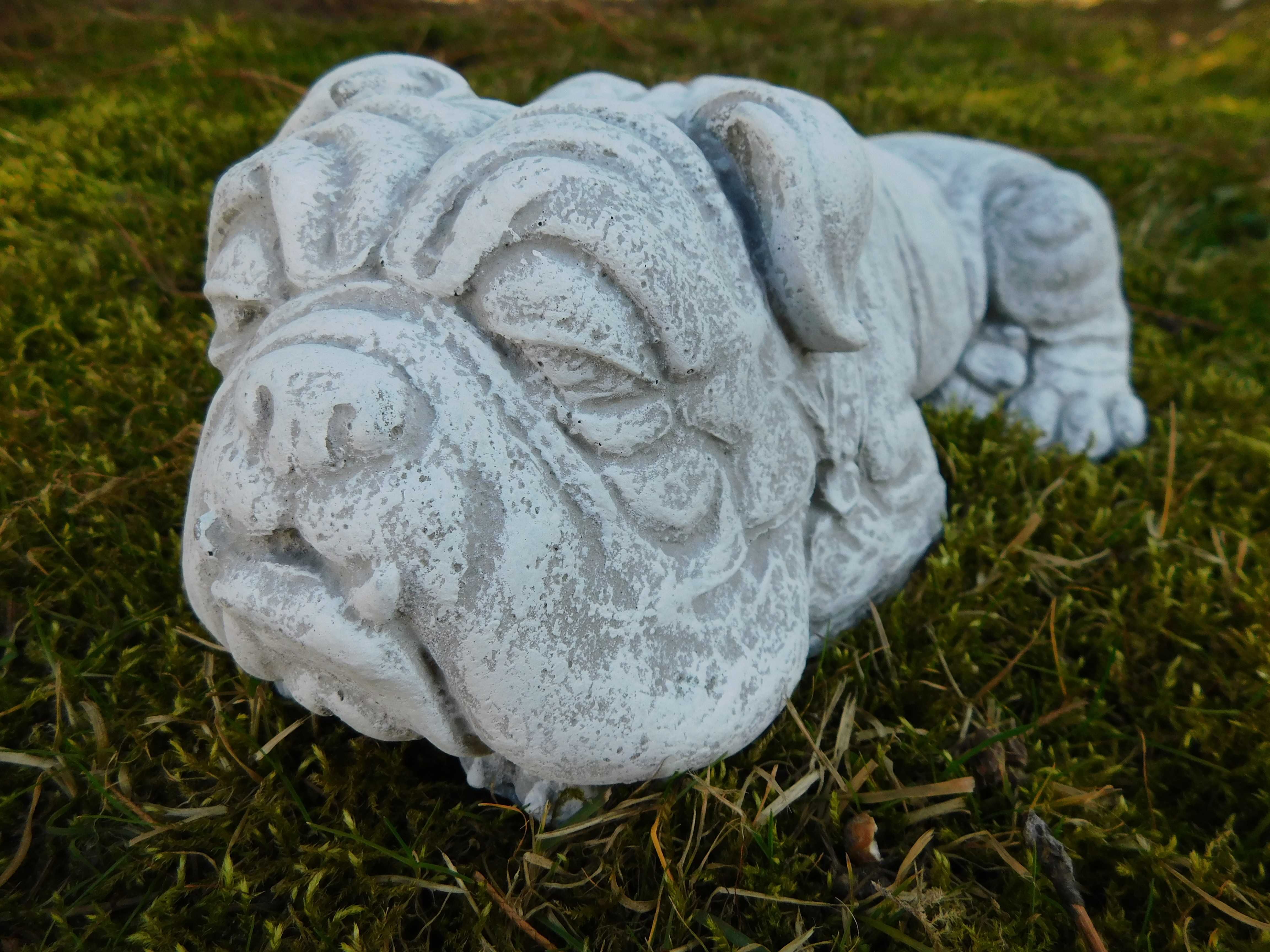 Ozdoba betonowa Figurka Pies leżący buldog biały kolor Ogród