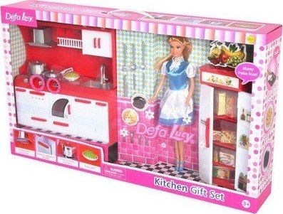 Игрушечный набор кухня с куклой DEFA 8085 холодильник, посуда, свет, р