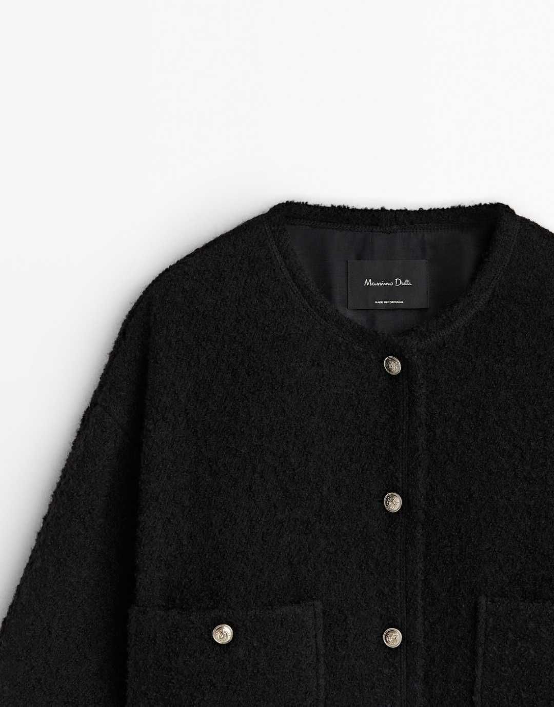 Massimo Dutti wełniany Krótki Żakiet Kardigan Boucle 38M 40L czarny XS