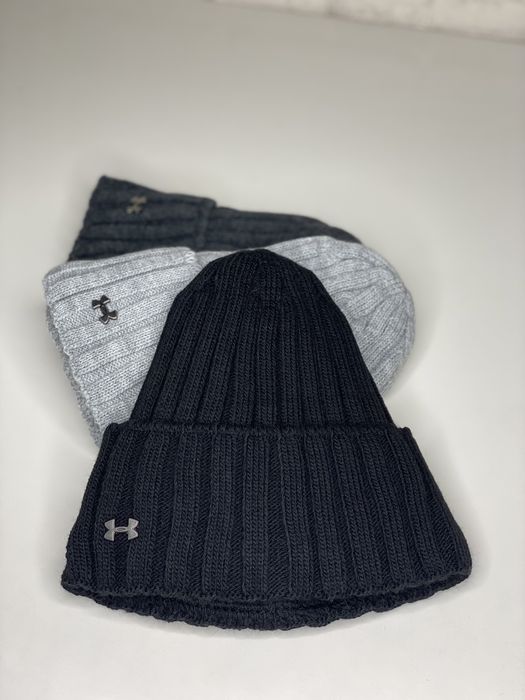 Мужская шапка Under Armour на флисе черная серая зимняя с отворотом