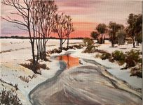 Zimowy pejzaż w różowych tonach, olej na płótnie 30x40 cm