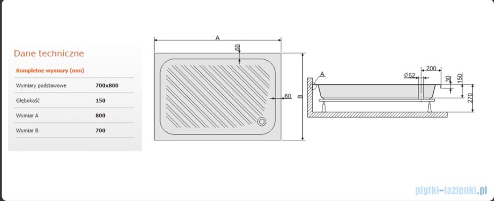 Nowy brodzik prostokątny 80x70x15cm + stelaż Sanplast