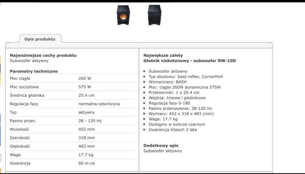 Subwoofer Klipsch RW-10D, Centr Klipsch RC-52. Kino domowe.