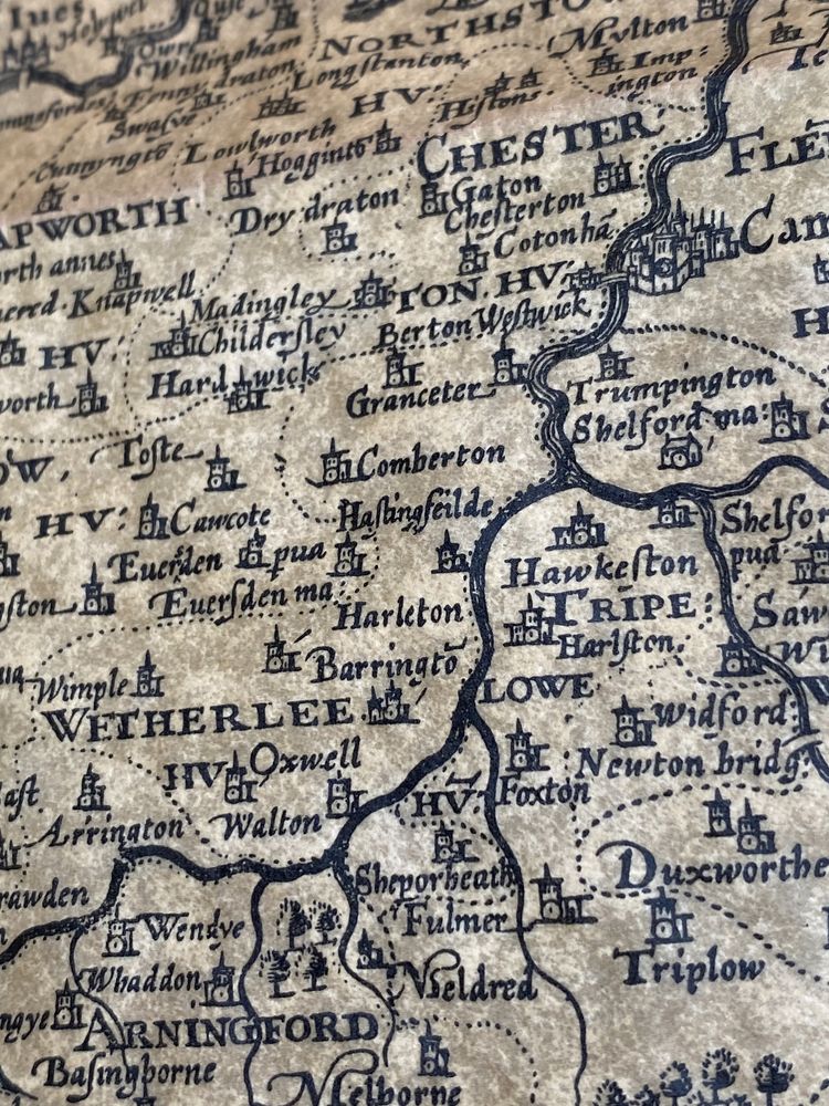 Stara mapa Cambridgeshire z 1610r, autentyczna replika na pergaminie