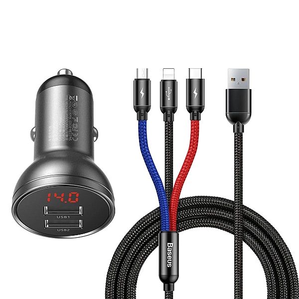 Baseus ładowarka samochodowa 2x USB 4,8A 24W z LCD + kabel 3w1 USB - U