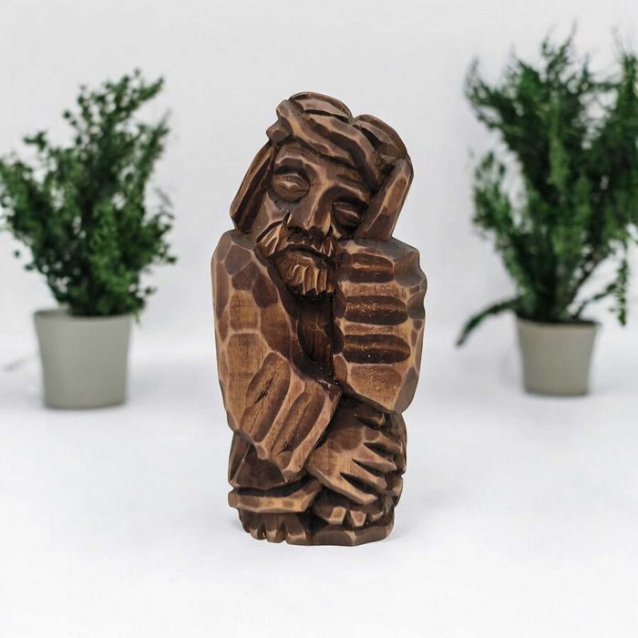 Rzeźba Jezus Chrystus Frasobliwy 20 cm Ciemny Brąz Lewa dłoń