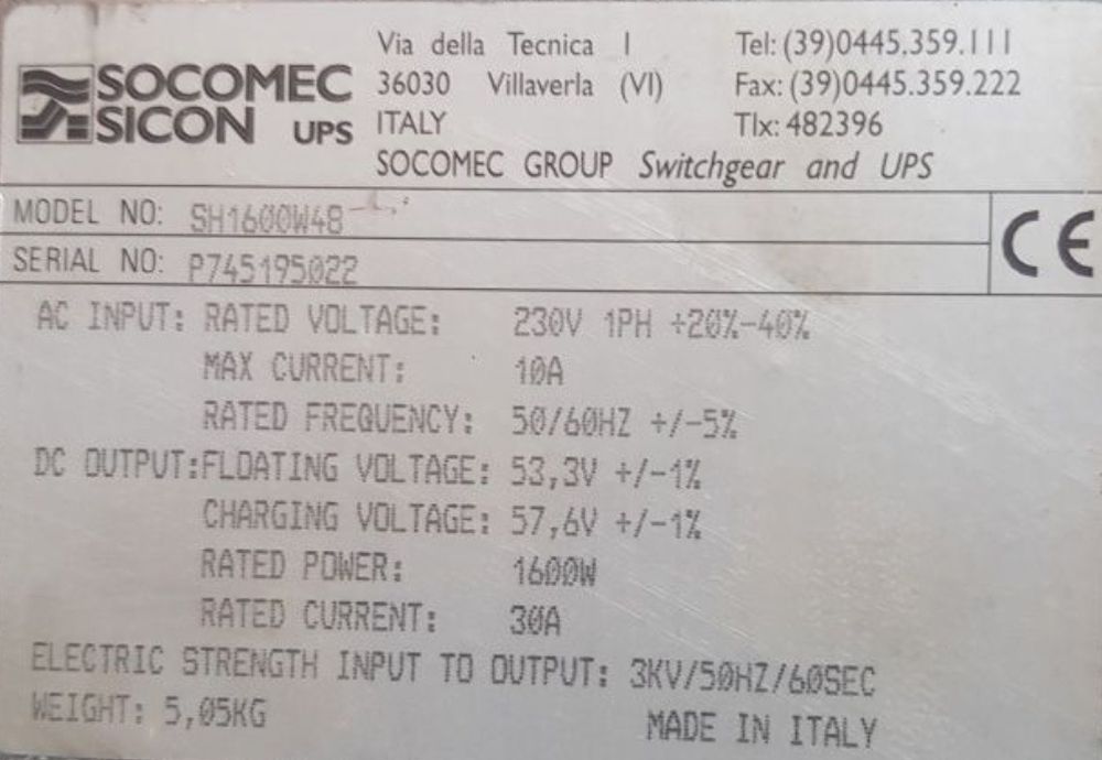 Блок живлення Sharys 53.3V Socomec sicon UPS 1600w sh1600w48 зарадний