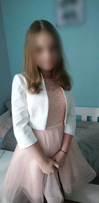 Elegancka wizytowa sukienka balowa, pudrowy róż, wesele, S/M